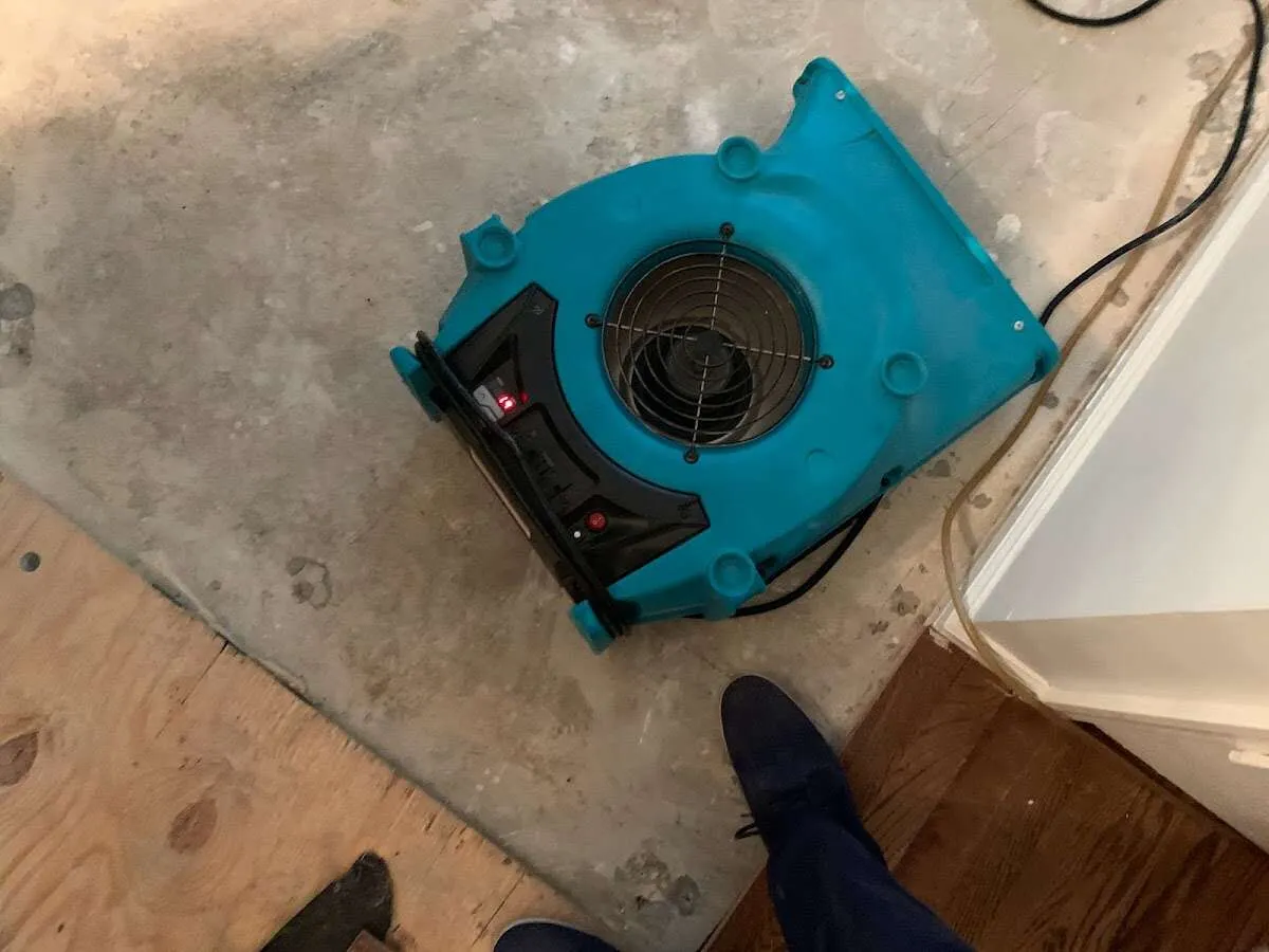 Air mover drying subfloor during Commercial Water Damage Restoration in Yeadon